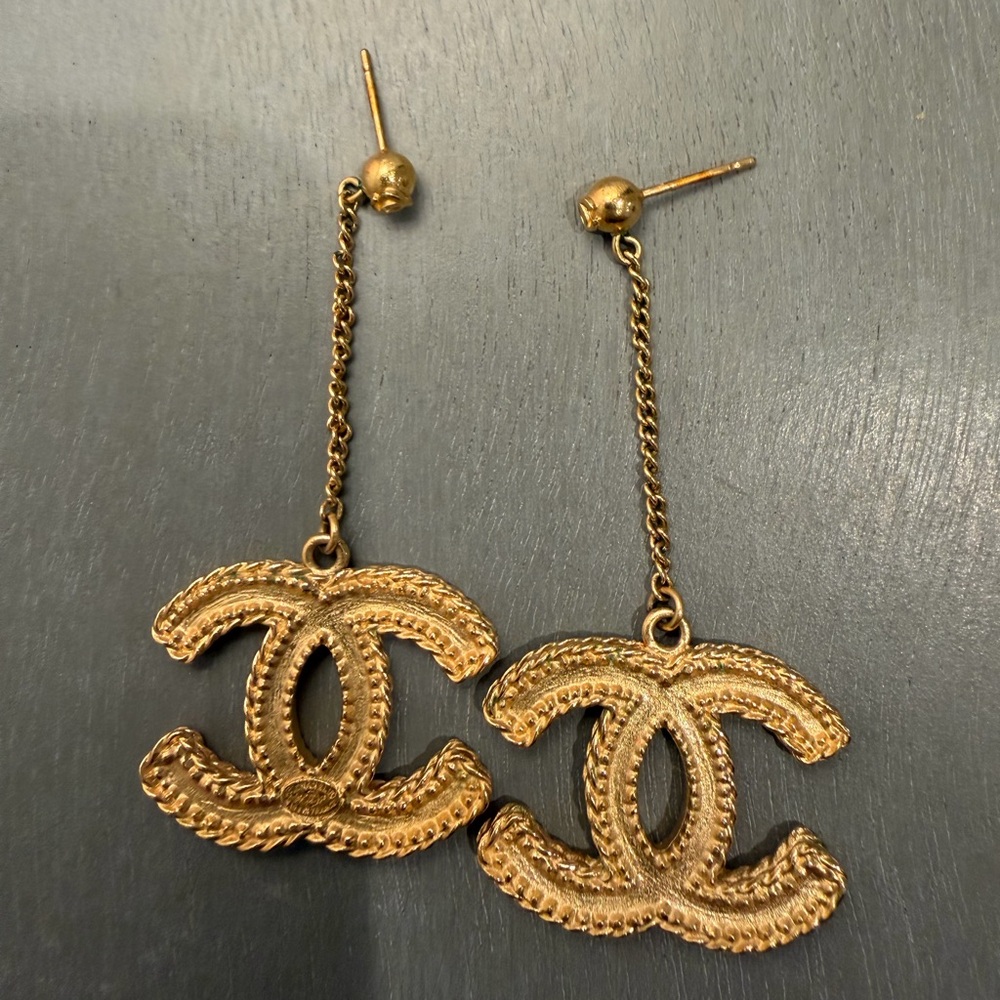 CHANEL Gold Logo Chain Earrings